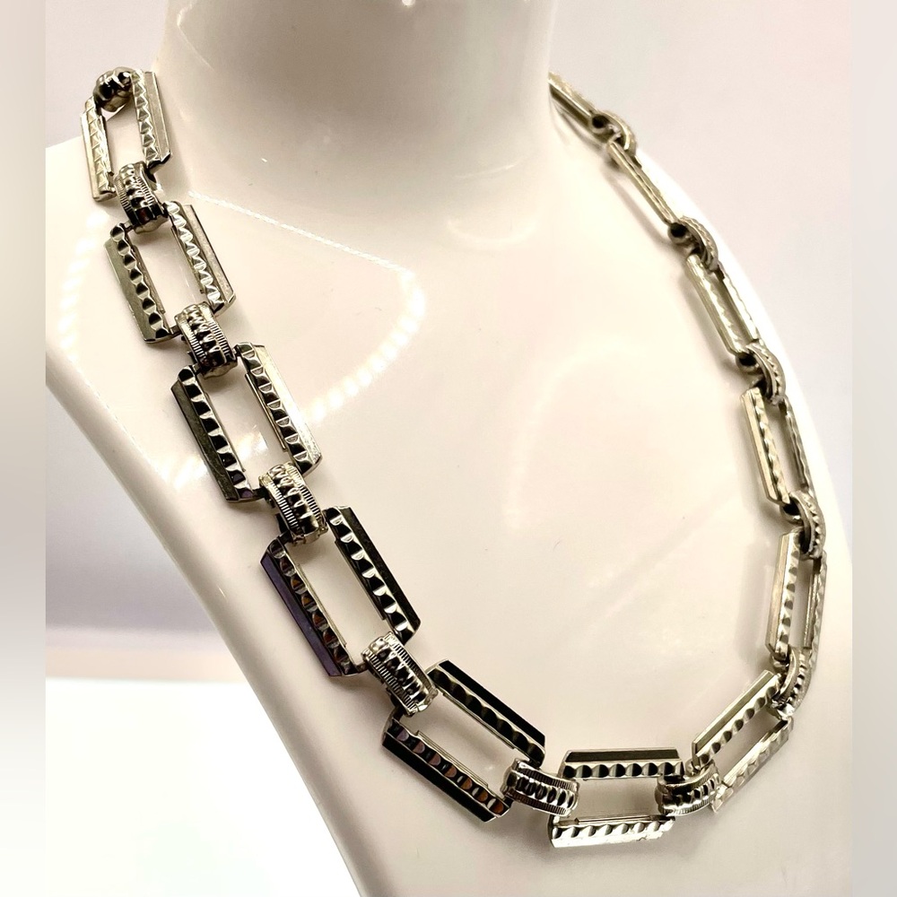 Vintage Silver Tone Rectangular Linked Necklace C… - image 3